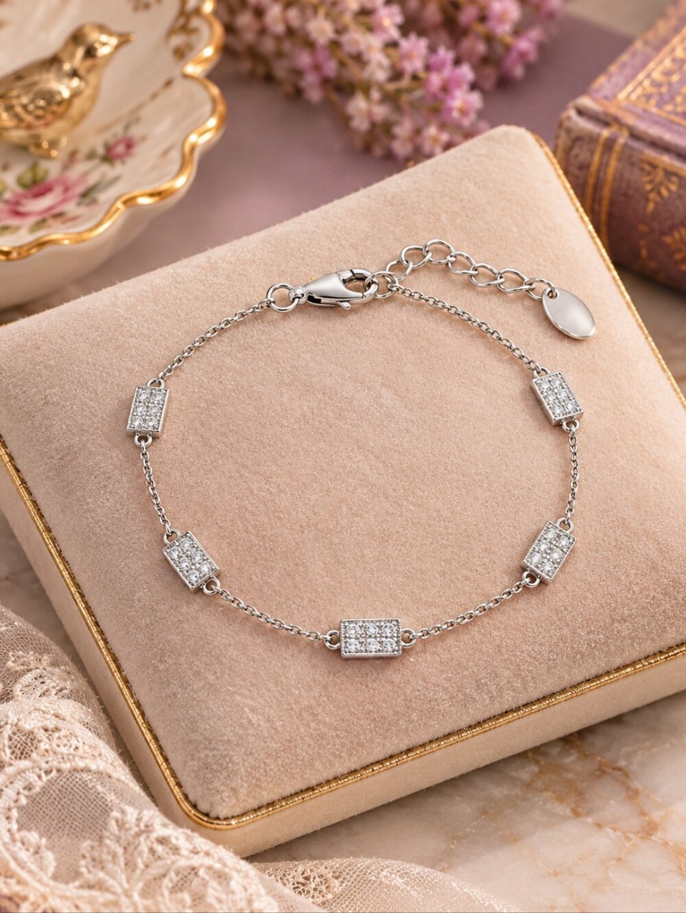 TOCARA Sterling Silver Rectangular Pavé Bracelet - Silver
